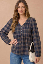 Haptics - Plus Crinkle Plaid Pin Tuck Buttoned Woven Blouse