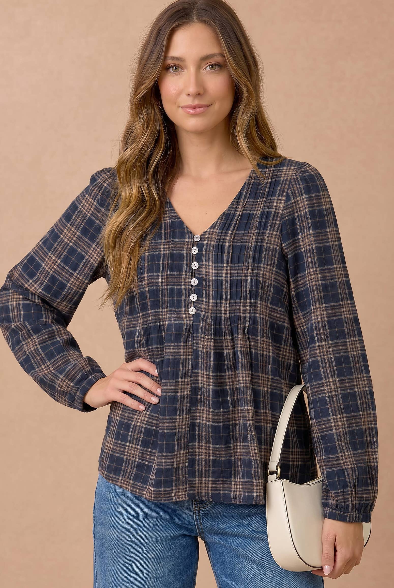 Haptics - Plus Crinkle Plaid Pin Tuck Buttoned Woven Blouse