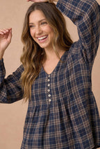Haptics - Plus Crinkle Plaid Pin Tuck Buttoned Woven Blouse
