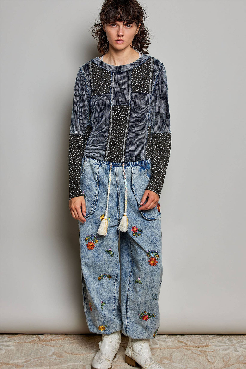 Pol Clothing - Waffle Knit Contrast Patchwork Top
