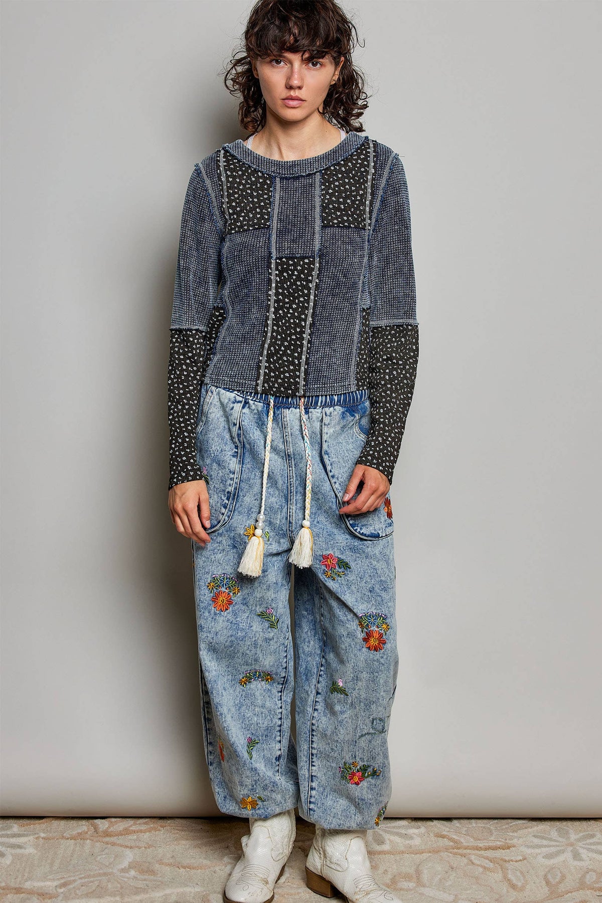 Pol Clothing - Waffle Knit Contrast Patchwork Top