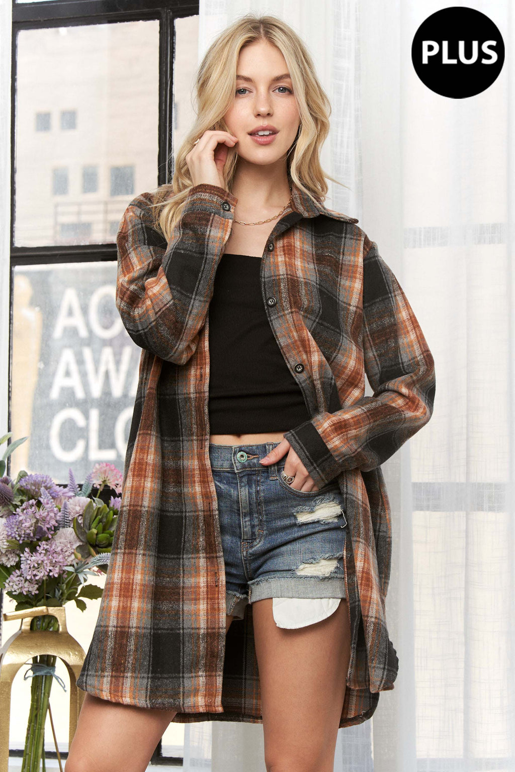 AMORE PLUS SIZE BUTTON DOWN FLANNEL SHACKET