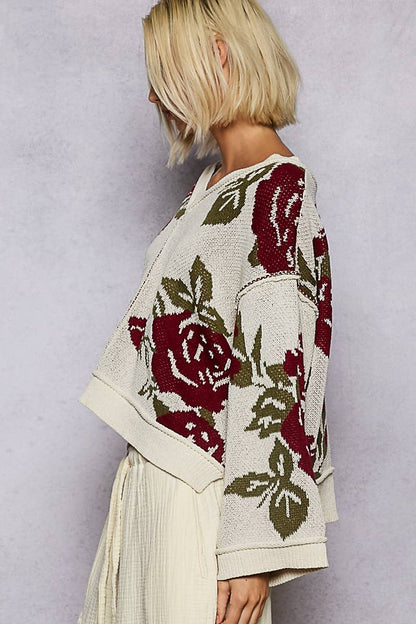 Pol Clothing - Long sleeve contrast floral exposed seam detail sweater top