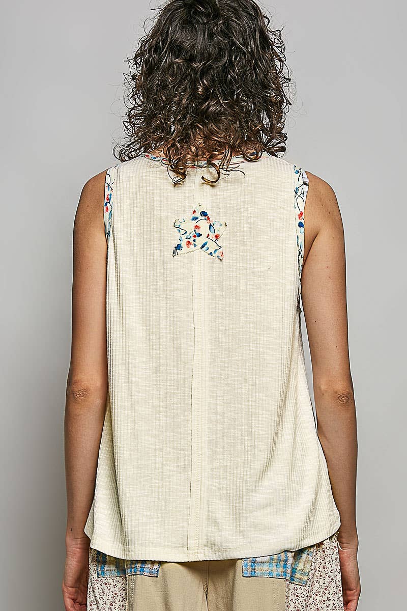 Pol Clothing - Boho Floral Star Patch Rib Sleeveless Top