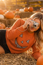 Pumpkin Face Patchwork Sweater Knit Top