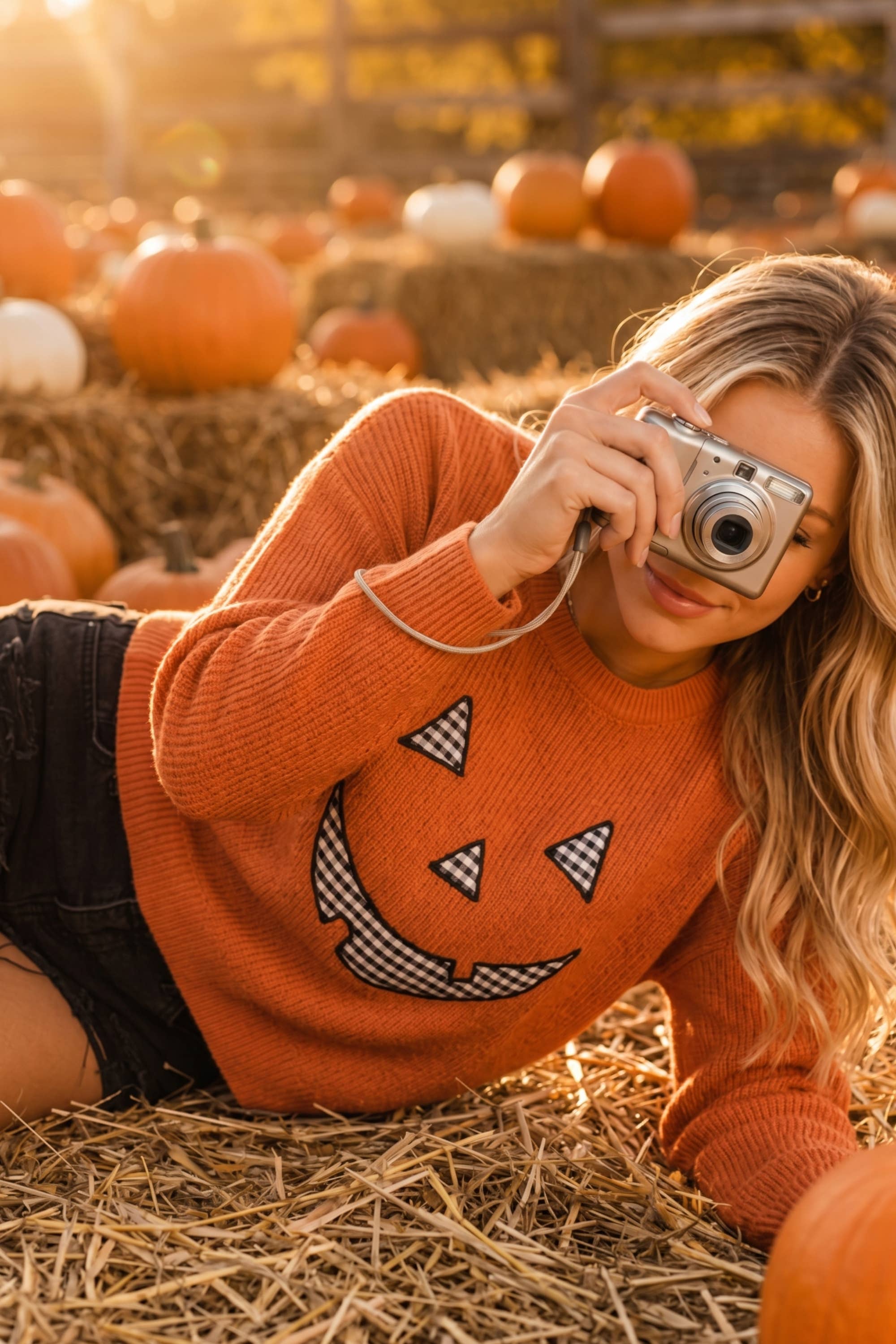 Pumpkin Face Patchwork Sweater Knit Top