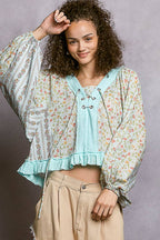 Strawberry V Neck Balloon Sleeve Floral Ruffle Woven Printed Top