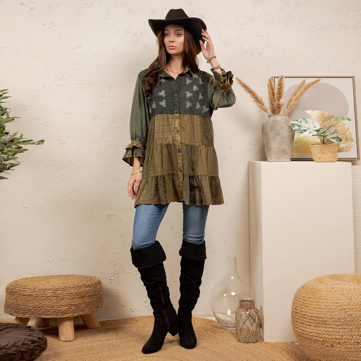 Young Threads - Boho Embroidered Floral Plaid Button-Down Top NEW