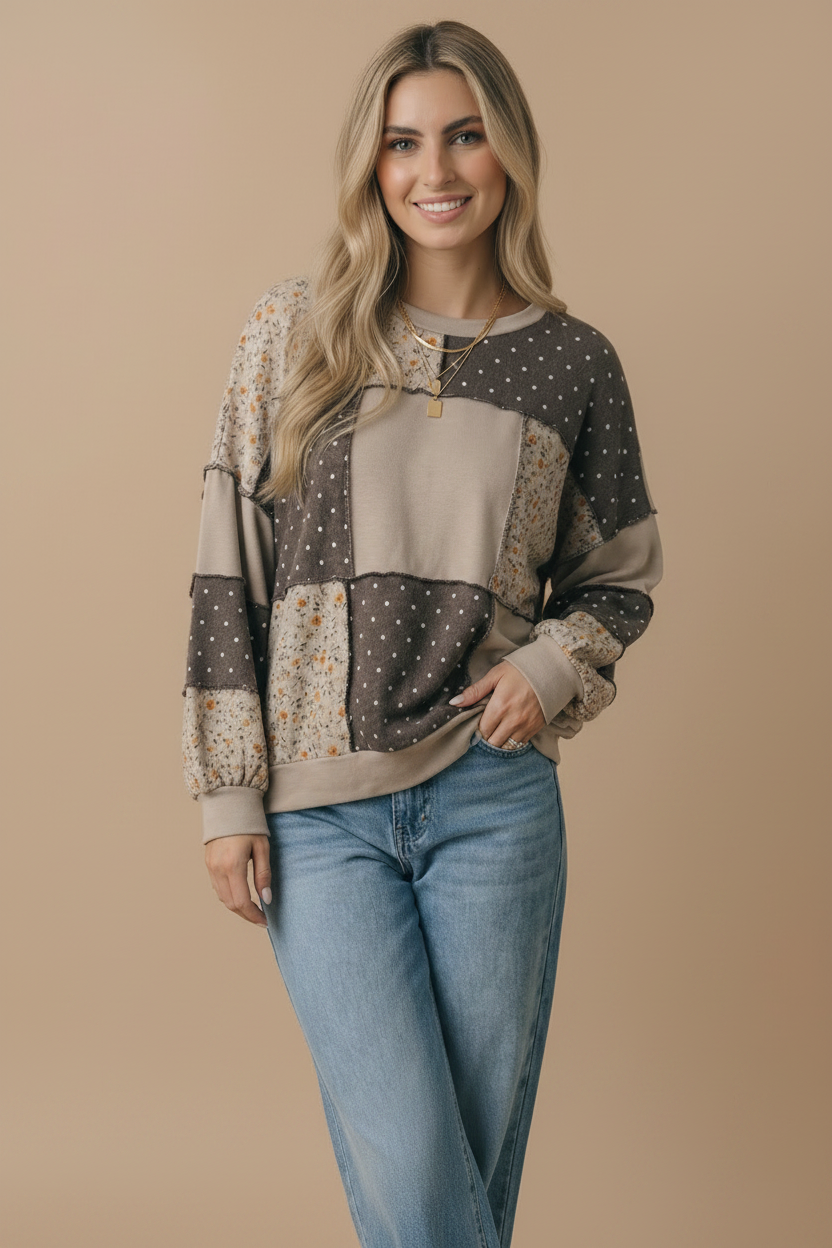 Haptics - Round Neck Mixed Print Patchwork Pullover