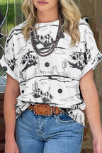 Fashion-W Western Desert Sand Print Short Sleeve Knit Top