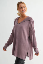 Cotton Blend Waffle Knit Oversized Collared Long Sleeve