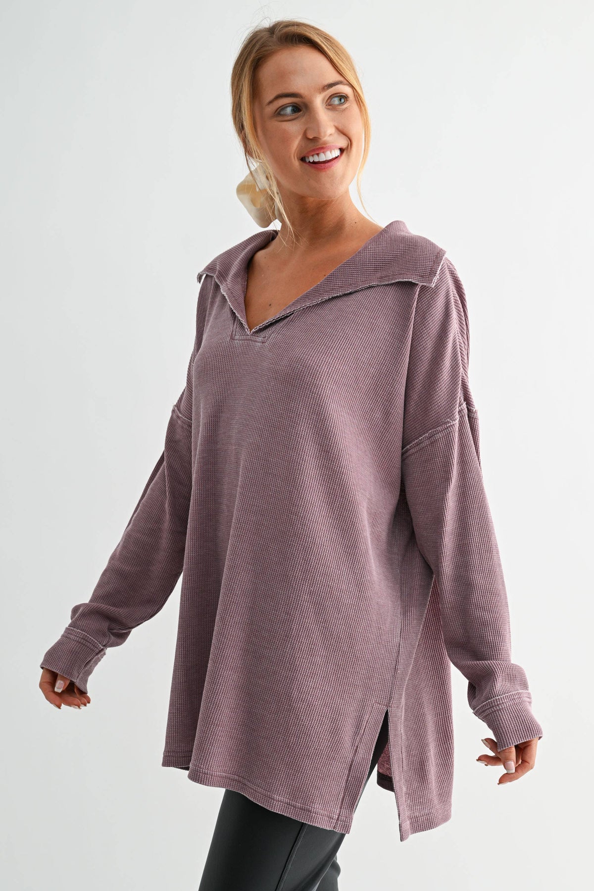 Cotton Blend Waffle Knit Oversized Collared Long Sleeve