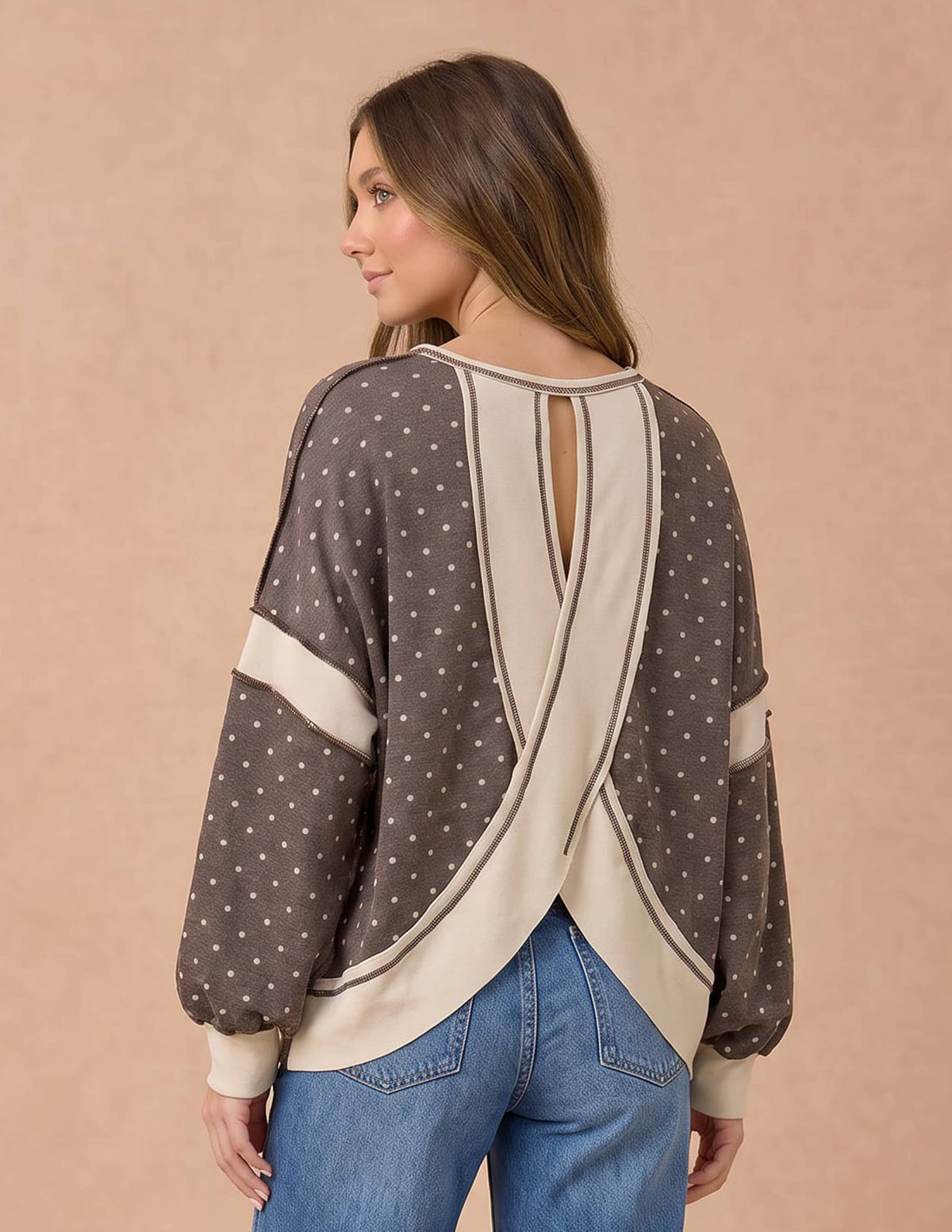 Haptics - Polka Dot Colorblock Cutout Back Pullover