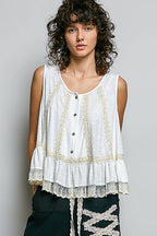 Pol Clothing - Metal Button Down Lace Trim Ruffle Round Neck Sleeveless