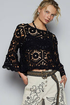 Alexus Round Neck 3/4 Sleeve Crochet Cropped Top