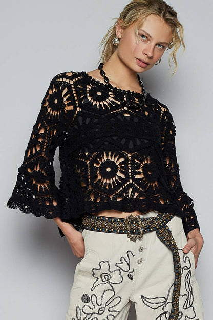 Alexus Round Neck 3/4 Sleeve Crochet Cropped Top