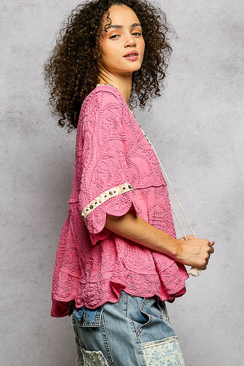 Pol Clothing - Short Sleeve Adjustable Drawstring Crochet V Neck Top