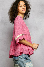 Pol Clothing - Short Sleeve Adjustable Drawstring Crochet V Neck Top