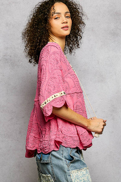 Pol Clothing - Short Sleeve Adjustable Drawstring Crochet V Neck Top