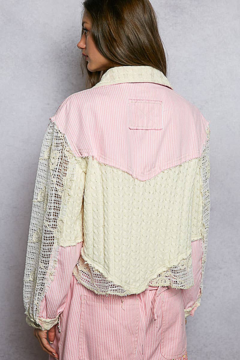Pol Clothing - Cable Knit Lace Patchwork Woven Long Sleeve Shirt Top