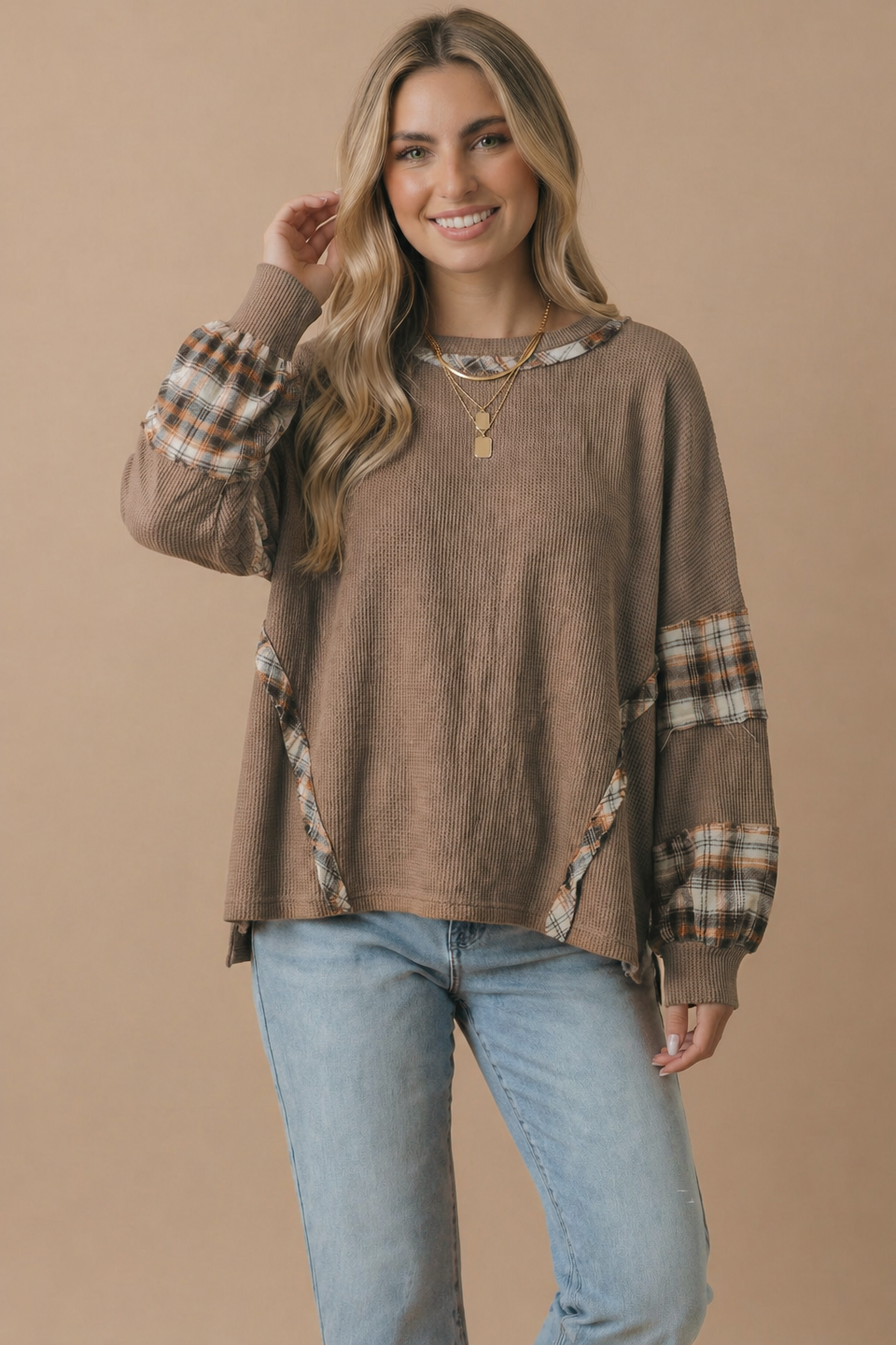 Haptics - Oversized Plaid Contrast Thermal Knit Top