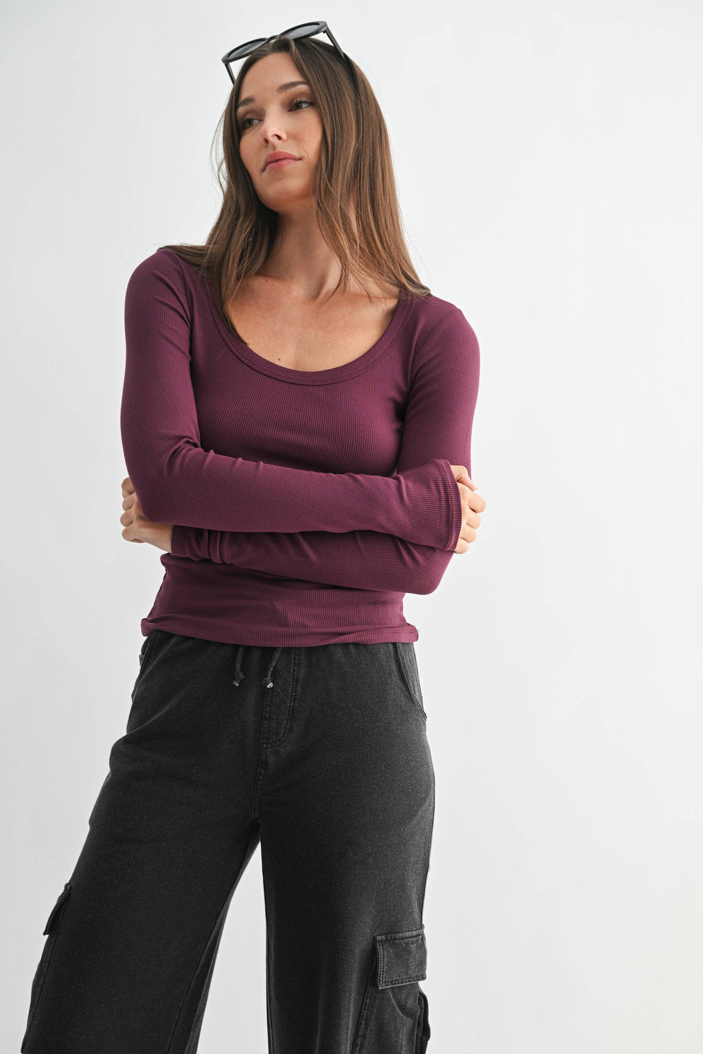 Scoop Neck Micro-Ribbed Long Sleeve Top Mono B