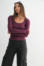 Scoop Neck Micro-Ribbed Long Sleeve Top Mono B