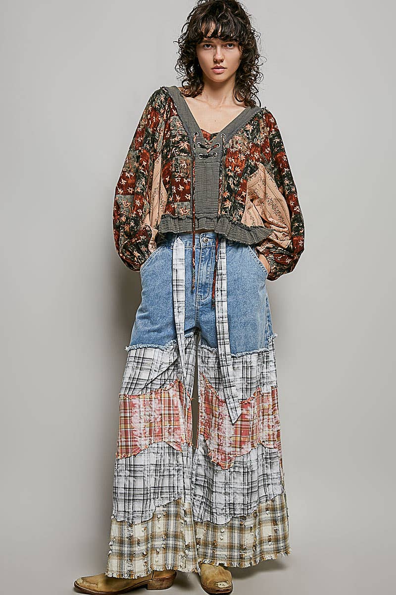 Strawberry V Neck Balloon Sleeve Floral Ruffle Woven Printed Top