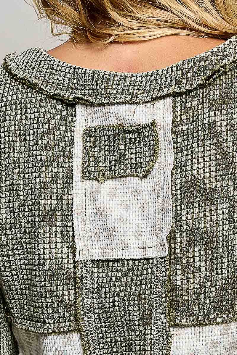 Pol Clothing - Waffle Knit Contrast Patchwork Top