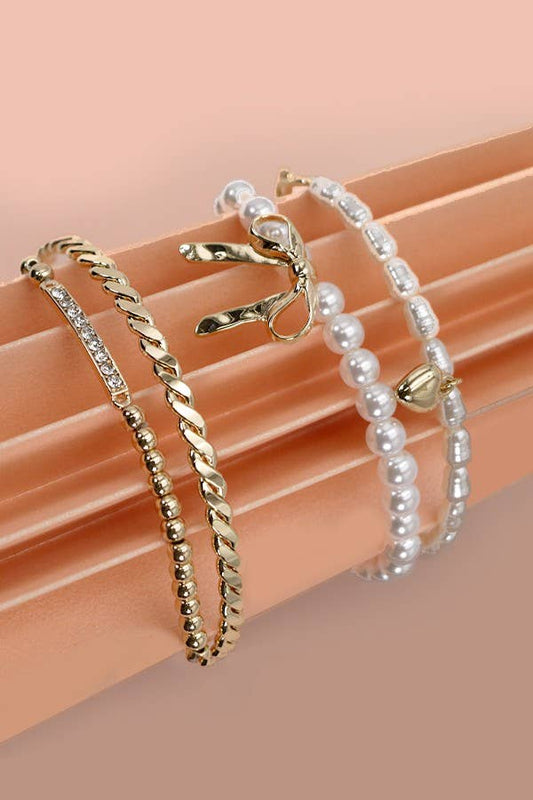 BOW PEARL RHINESTONE BAR STRETCH BANGLE SET |