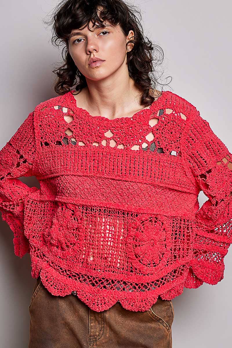 Pol Clothing - Textured Stitch Scalloped Trim Crochet Knit Sweater Top