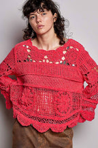 Pol Clothing - Textured Stitch Scalloped Trim Crochet Knit Sweater Top