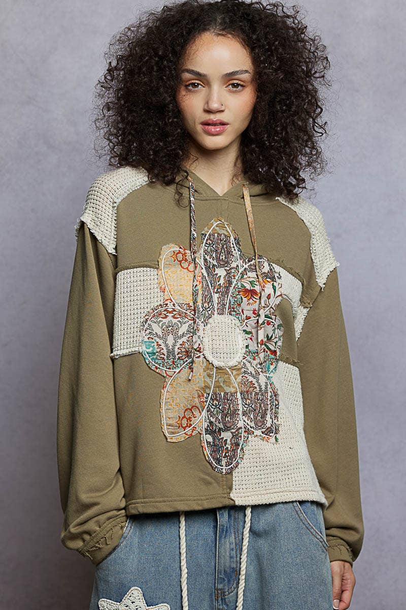 Pol Clothing - Long sleeve French terry printed flower patch knit top