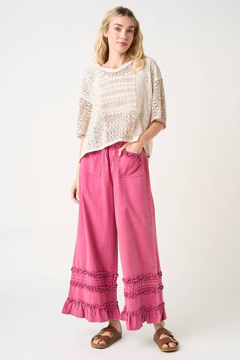 RUFFLE TRIM POCKET MINERAL WASH WIDE LEG PANTS