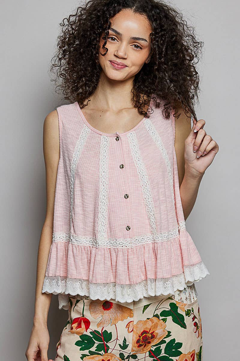 Pol Clothing - Metal Button Down Lace Trim Ruffle Round Neck Sleeveless
