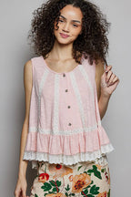 Pol Clothing - Metal Button Down Lace Trim Ruffle Round Neck Sleeveless