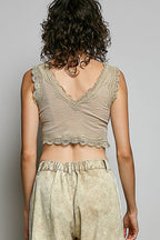 Pol Clothing - Lace Trim Ribbed V Neck Summer Sleeveless Crop Top