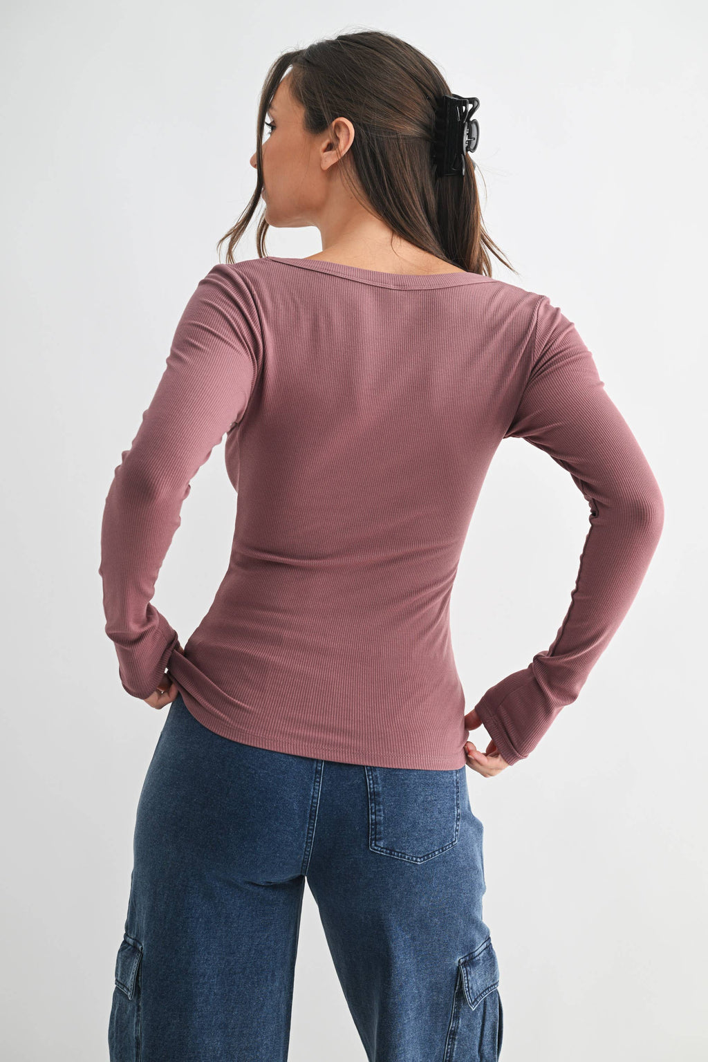 Scoop Neck Micro-Ribbed Long Sleeve Top Mono B