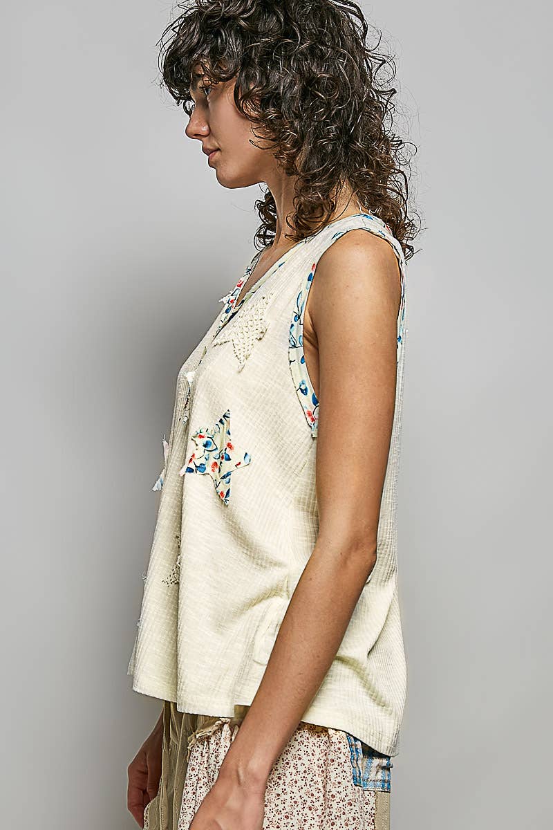 Pol Clothing - Boho Floral Star Patch Rib Sleeveless Top
