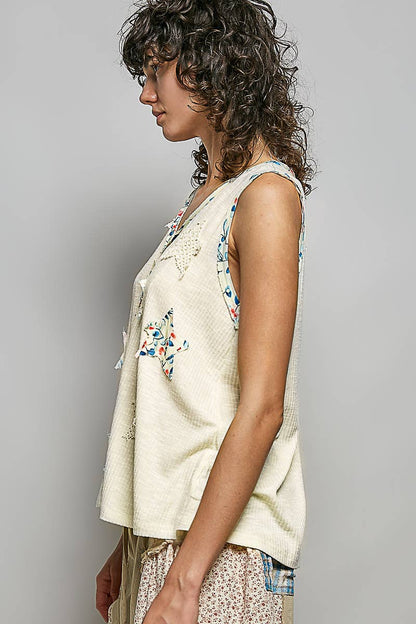 Pol Clothing - Boho Floral Star Patch Rib Sleeveless Top