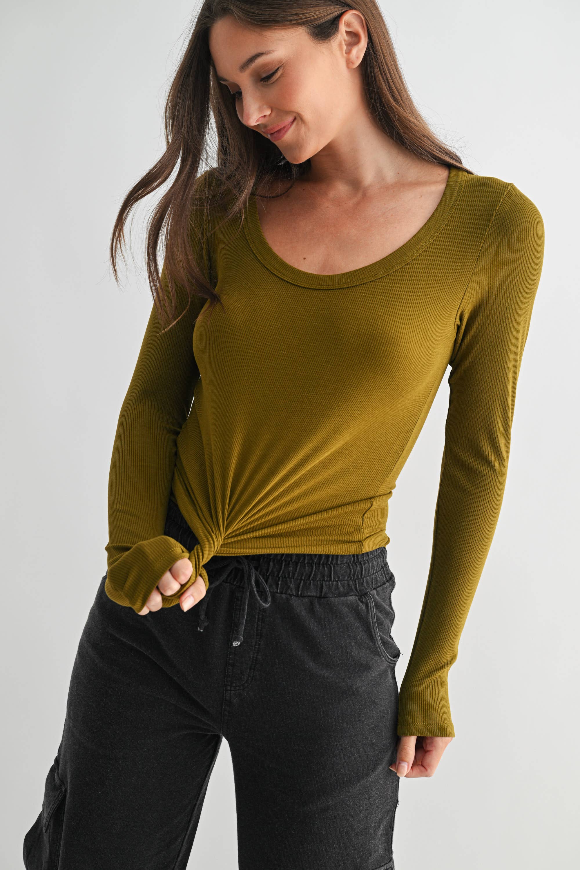 Scoop Neck Micro-Ribbed Long Sleeve Top Mono B