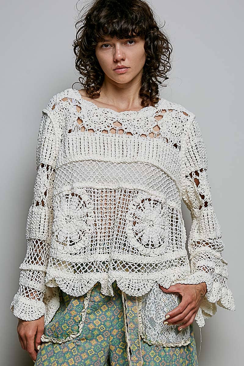 Pol Clothing - Textured Stitch Scalloped Trim Crochet Knit Sweater Top