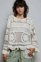 Pol Clothing - Textured Stitch Scalloped Trim Crochet Knit Sweater Top
