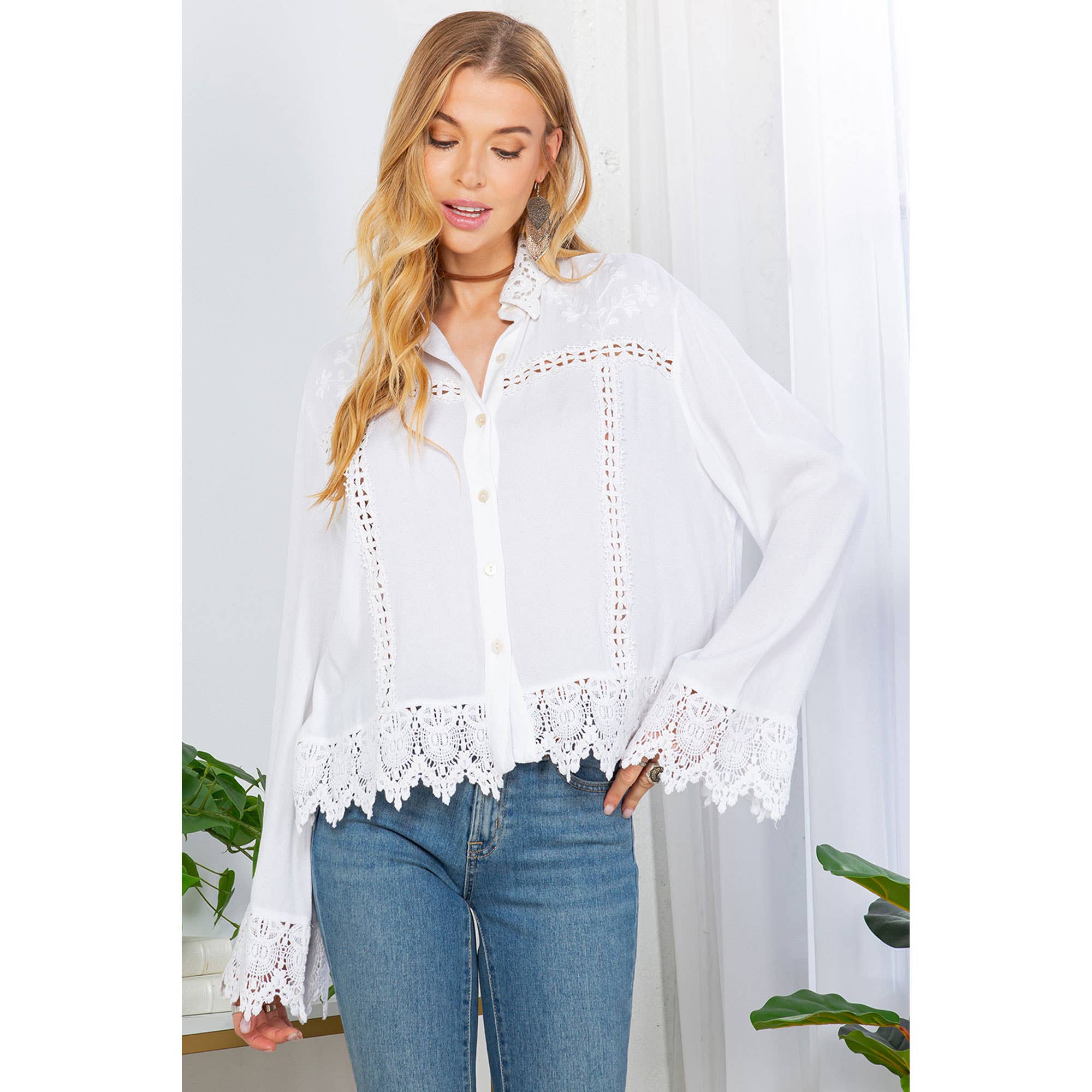 Artisan Boho Lace Trim Button-Front Blouse Top (NEW COLOR)