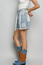 Pol Clothing - Vintage Washing Stripe Solid Crochet Patch Short Wide Pants