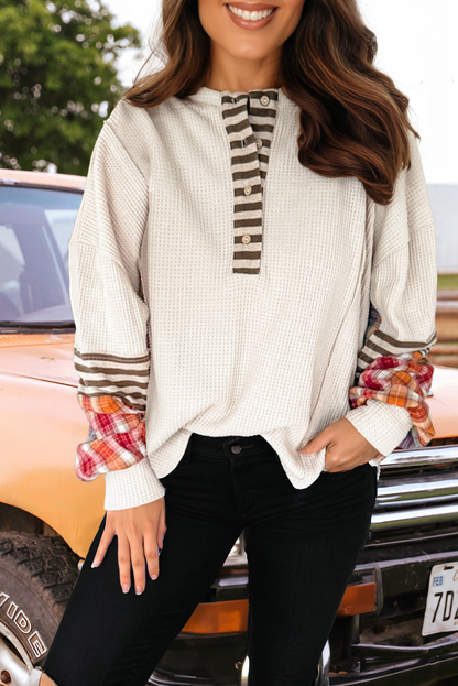 Western Waffle Stripe Plaid Patchwork Henley Knit Top