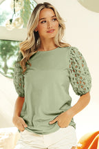 Round Neck Top With Flower Lace Puff Sleeves
