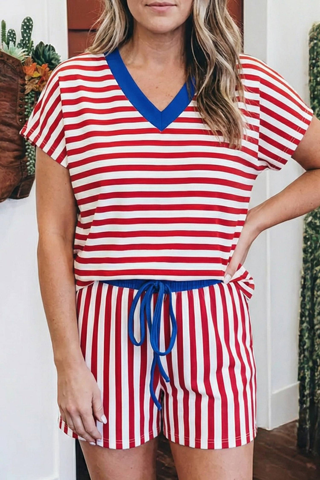 Stripe Colorblock Trim Tee Drawstring Elastic Waist Set