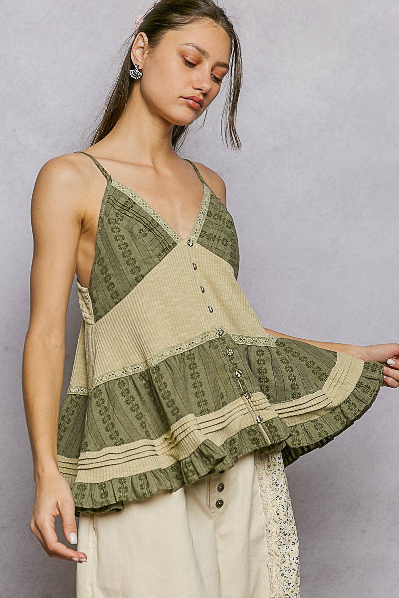 Pol Clothing - Adjustable Strap Ruffle Pintuck Sleeveless Cotton Top