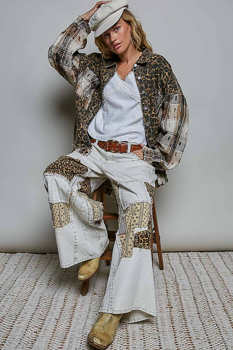 Pol Clothing - Allover Print Pattern Raw-Edge Fringe Trim Shirt Jacket